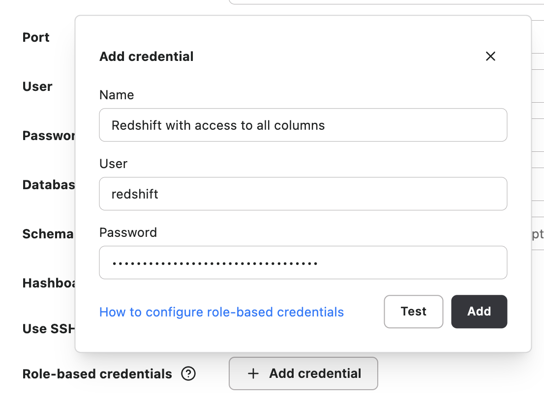 Hashboard's "Add credential" form with 3 fields filled out: Name being "Redshift with access to all columns", User being "redshift", and password not visible.