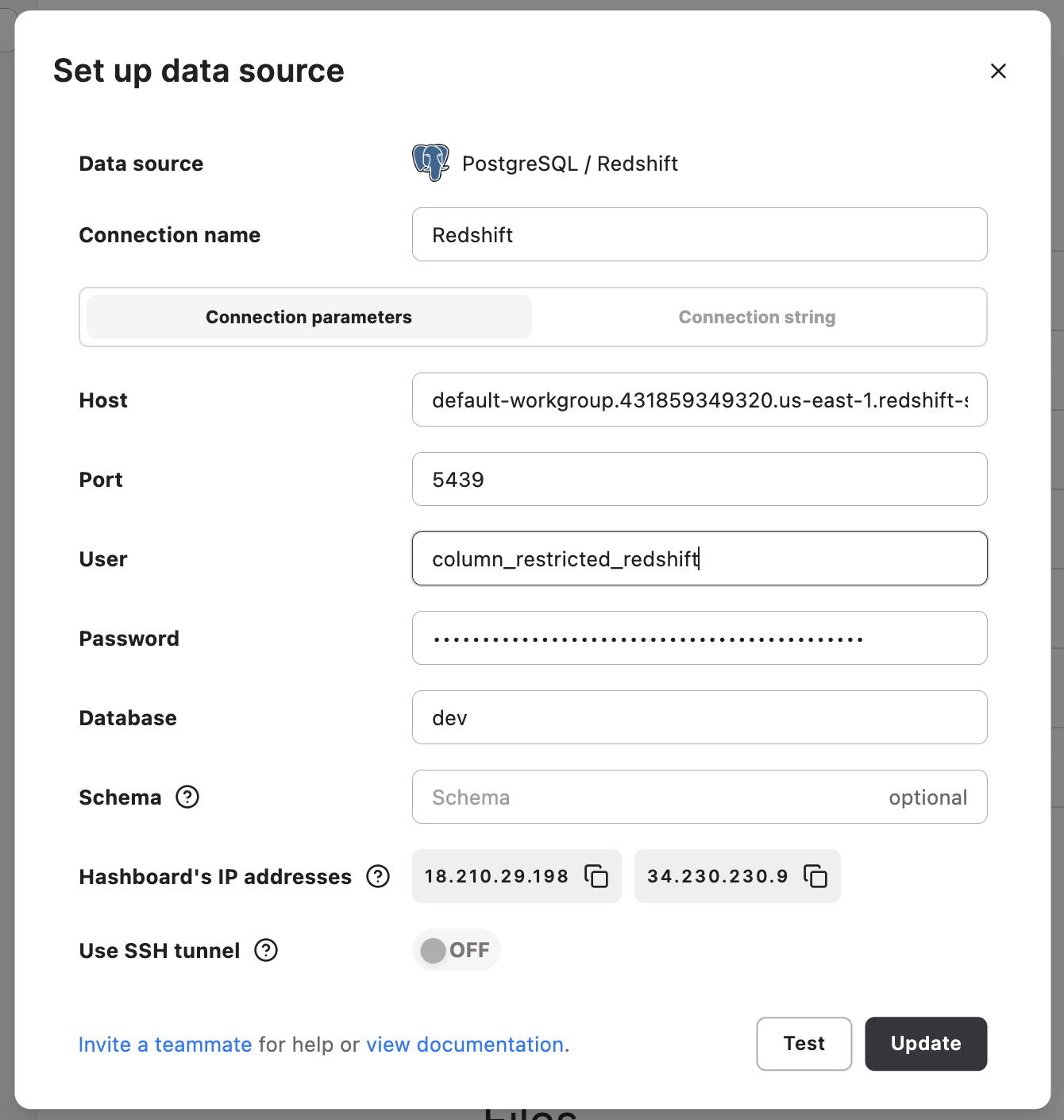 A Hashboard form titled "Set up data source" with fields filled out for a PostgreSQL/Redshift connection. The User field is column_restricted_redshift.